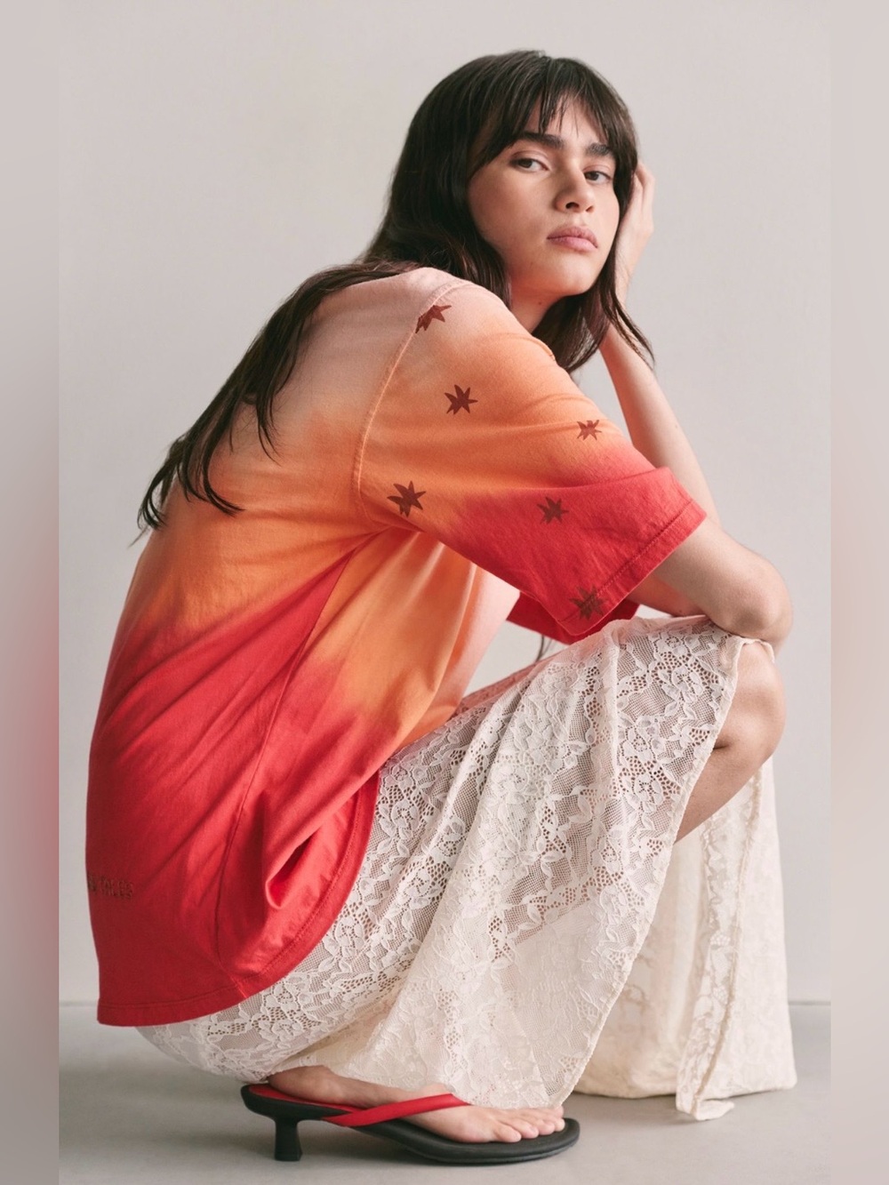 Free People X The Tales Brand Dip Dye Star Tee in Orange Dip Dye NWT Graphic NEW